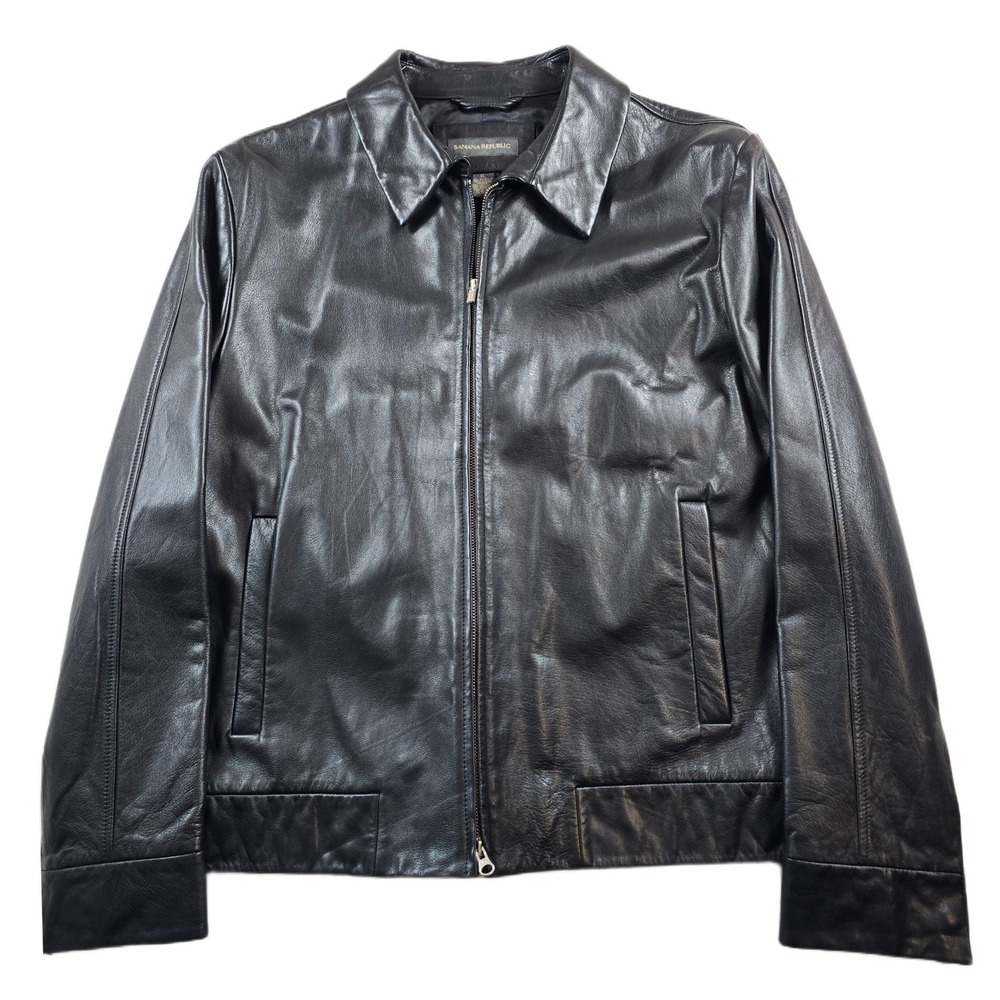 Banana Republic Leather Jacket Mens XL Black Thick heavy leather Zip Classic VTG